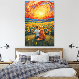 Sunflower Field Sunset Dog and Girl Art Canvas Print