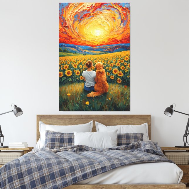 Sunflower Field Sunset Dog and Girl Art Canvas Print (Insitu(Bedroom))