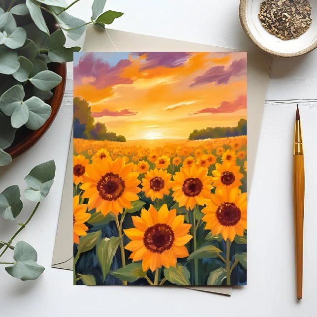 Sunflower Field Sunset Landscape Painting Postcard (Creator Uploaded)
