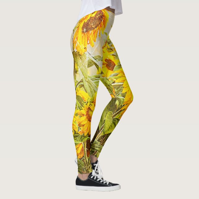 Sunflower Field Vintage Antique Yellow Design Leggings (Right)