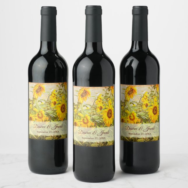 Sunflower Field Vintage Yellow Rustic Wedding Wine Label (Bottles)