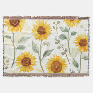 Sunflower Field Watercolor Painting Floral Yellow Throw Blanket
