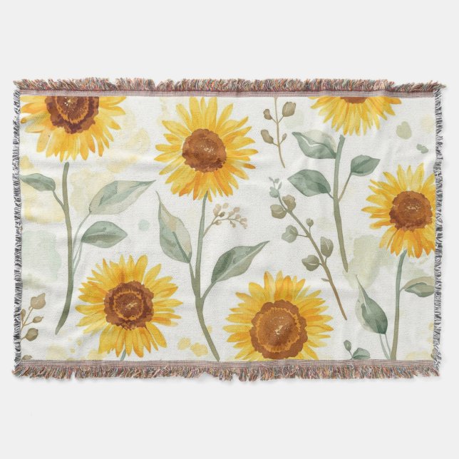 Sunflower Field Watercolor Painting Floral Yellow Throw Blanket (Front)