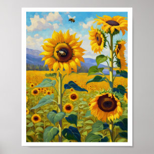 Sunflower Field with Busy Bees Art 8x10 Poster
