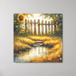 Sunflower Field With Rustic Fence Canvas Print