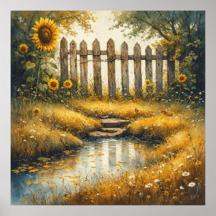 Sunflower Field With Rustic Fence Poster