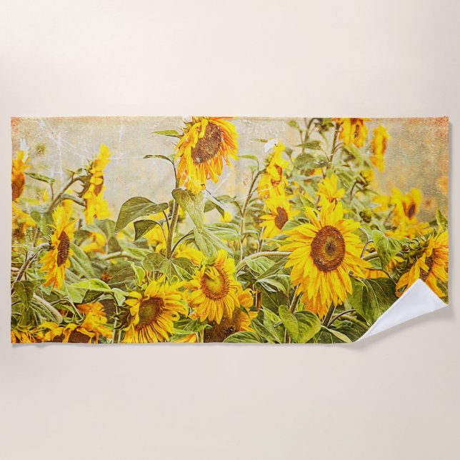 Sunflower Field Yellow Green Rustic Vintage Beach Towel (Front)
