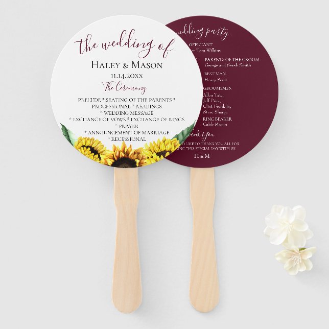Sunflower Fields Bordeaux Wedding Program Hand Fan (Front and Back)