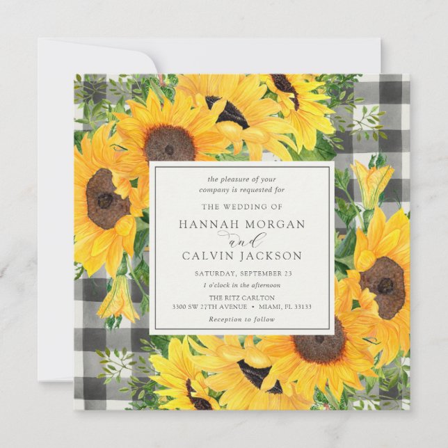 Sunflower Fields Buffalo Plaid Wedding Invitation (Front)