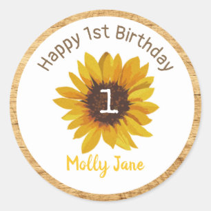 Sunflower First Birthday Rustic Wood Classic Round Sticker