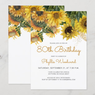 Sunflower Floral 80th Birthday Party Invitation