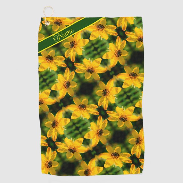 Sunflower Floral Abstract Personalised Golf Towel (Front)