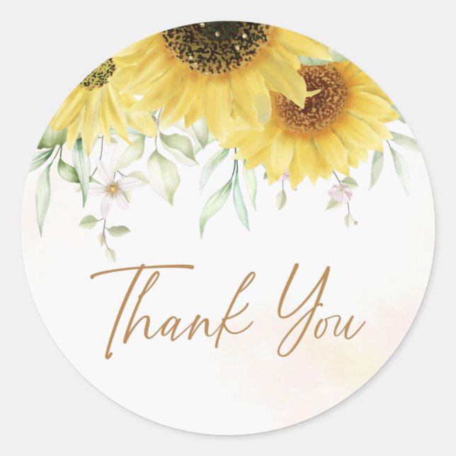 Sunflower Floral Baby Shower Birthday Thank You   Classic Round Sticker (Front)