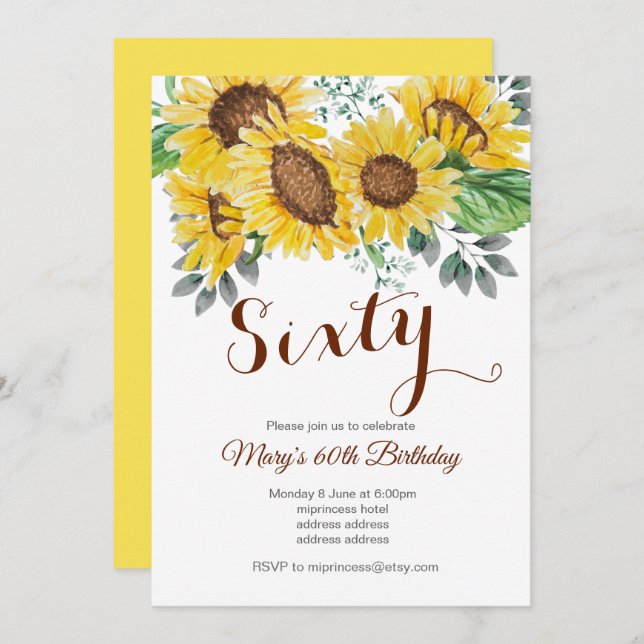 sunflower, floral birthday party invitation (Front/Back)