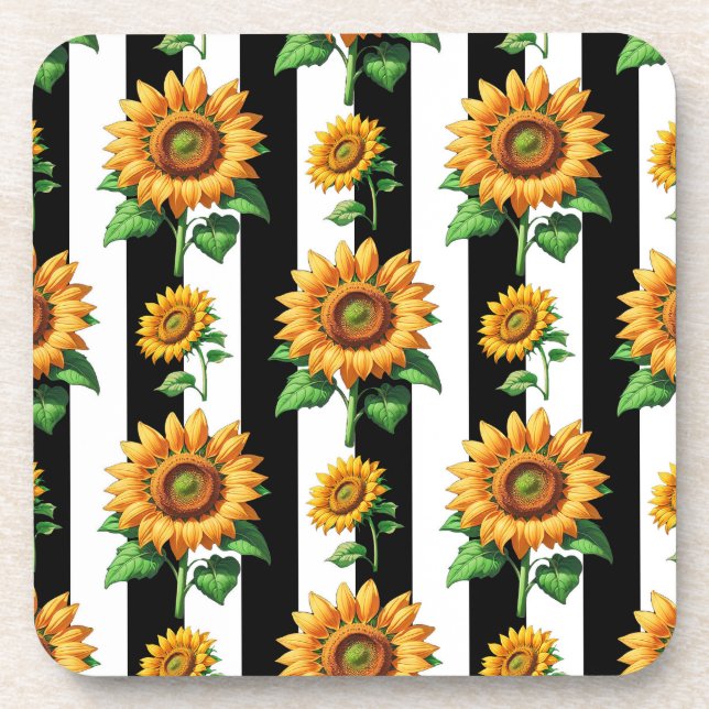 Sunflower Floral Black White Stripes  Coaster (Front)