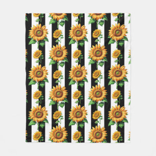 Sunflower Floral Black White Stripes  Fleece Blanket
