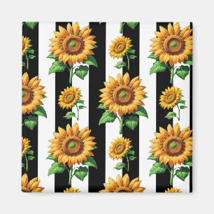 Sunflower Floral Black White Stripes  Magnet