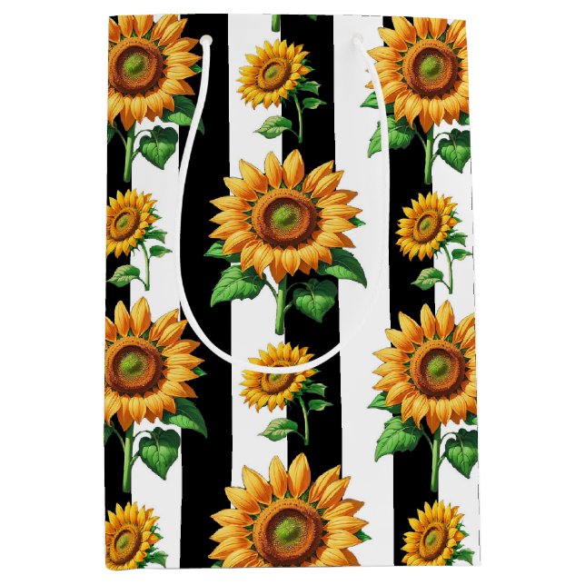 Sunflower Floral Black White Stripes  Medium Gift Bag (Front)