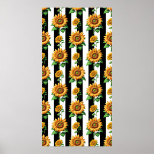 Sunflower Floral Black White Stripes  Poster