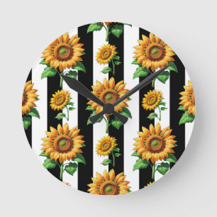Sunflower Floral Black White Stripes Round Clock