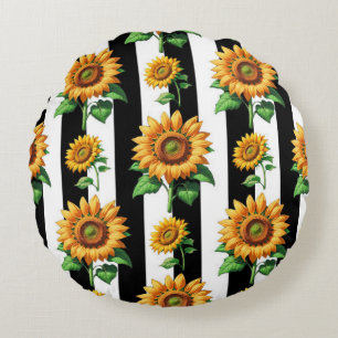 Sunflower Floral Black White Stripes  Round Cushion