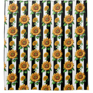 Sunflower Floral Black White Stripes  Shower Curtain