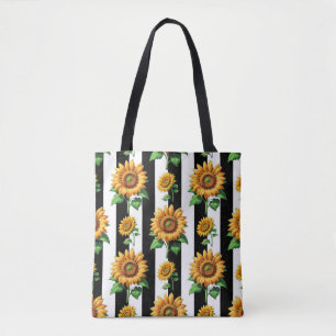 Sunflower Floral Black White Stripes Tote Bag