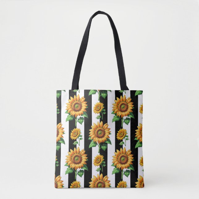 Sunflower Floral Black White Stripes  Tote Bag (Front)