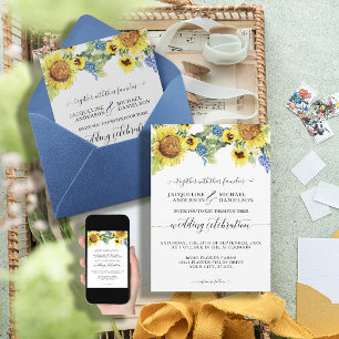 Sunflower Floral Blue BOHO Chic Eucalyptus Wedding Invitation