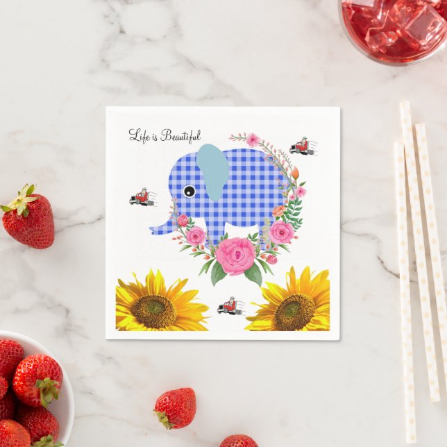 Sunflower Floral Blue Elephant Paper Napkins (Insitu)
