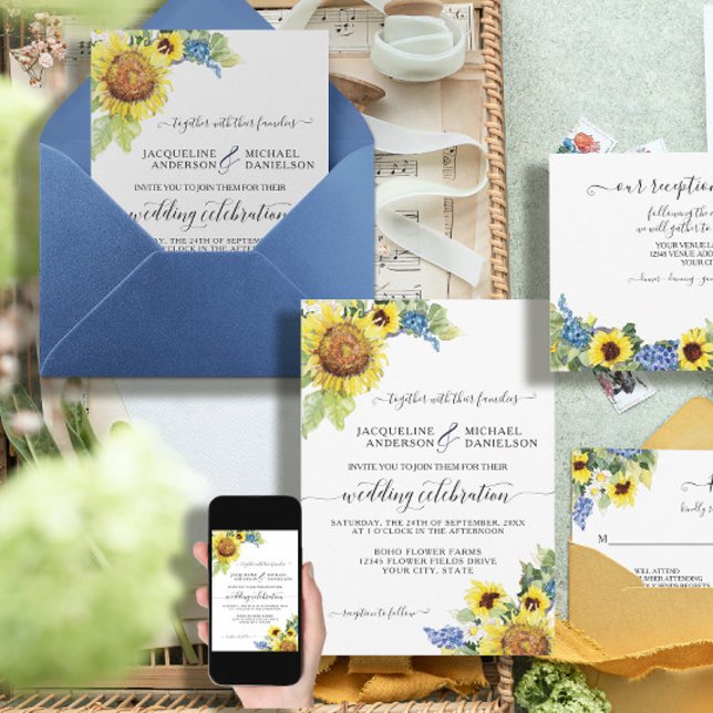 Sunflower Floral Blue Eucalyptus BOHO Chic Wedding Invitation (Creator Uploaded)
