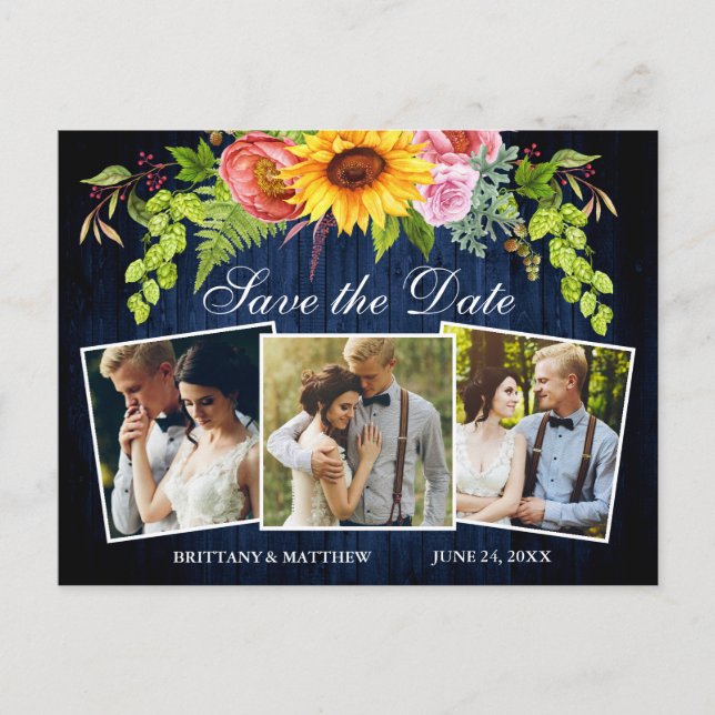 Sunflower Floral Blue Wood 3 Photo Save The Date Postcard (Front)