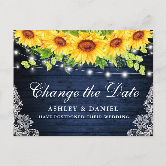 Sunflower Floral Blue Wood Change The Date Postcard (Front)