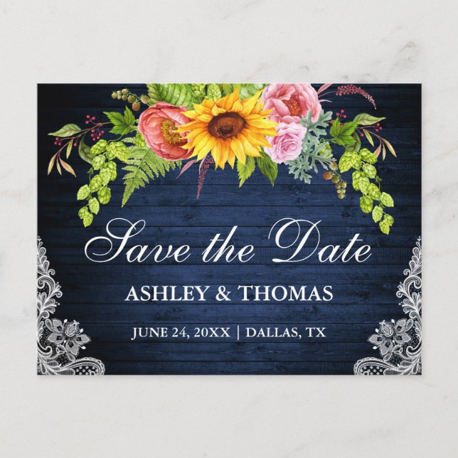 Sunflower Floral Blue Wood Lace Save The Date Invitation Postcard (Front)