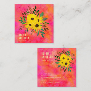 Sunflower Floral Bouquet - Pink Watercolor Art Square Business Card
