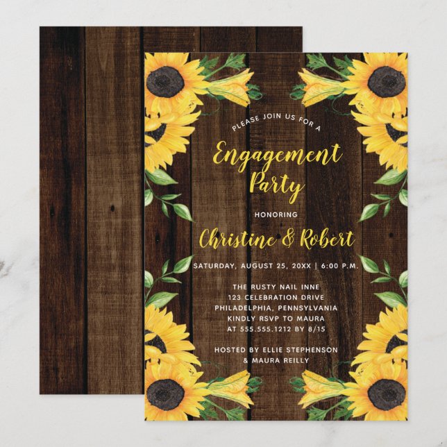 Sunflower Floral Bouquet | Wood Engagement Party I Invitation (Front/Back)