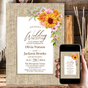 Sunflower Floral Burlap Border Wedding Reception Invitation
