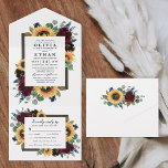 Sunflower Floral Country Rustic Fall Wedding RSVP All In One Invitation<br><div class="desc">Design features elegant watercolor roses, peonies, wildflowers and sunflowers in various shades of burgundy red, navy blue and more over a wreath of eucalyptus greenery. Design also features a barn wood frame underneath the wreath. A unique font layout compliments the overall design. View the collection on this page to find...</div>