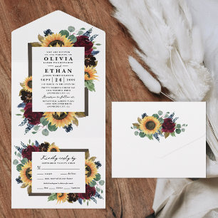 Sunflower Floral Country Rustic Fall Wedding RSVP All In One Invitation