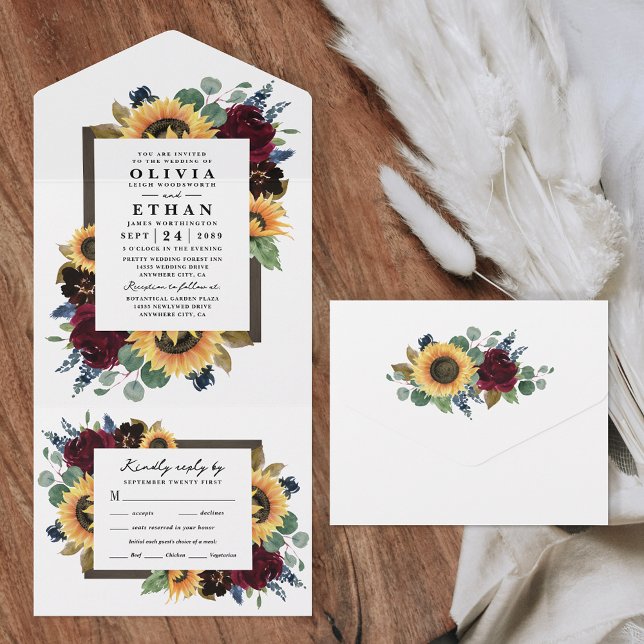 Sunflower Floral Country Rustic Fall Wedding RSVP All In One Invitation (Creator Uploaded)