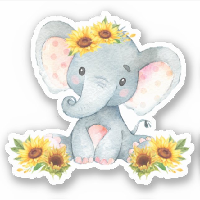 Sunflower Floral Cute Baby Elephant Cut Out Vinyl (Front)