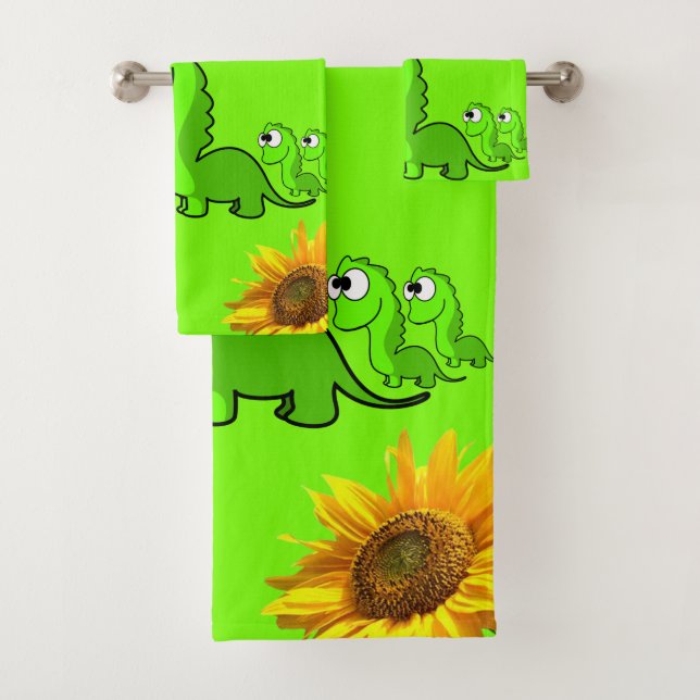 Sunflower Floral Dinosaur Green Bath Towel Sets (Insitu)