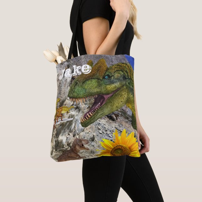 Sunflower Floral Dinosaur Tote Bag (Close Up)