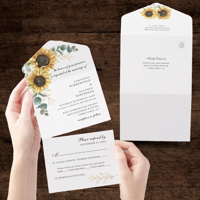 Sunflower Floral Eucalyptus Botanical Wedding All In One Invitation (Sunflower Eucalyptus Greenery All in One Wedding Invitation)