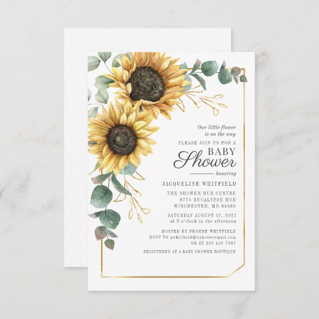 Sunflower Floral Eucalyptus Greenery Baby Shower Invitation (Front/Back)