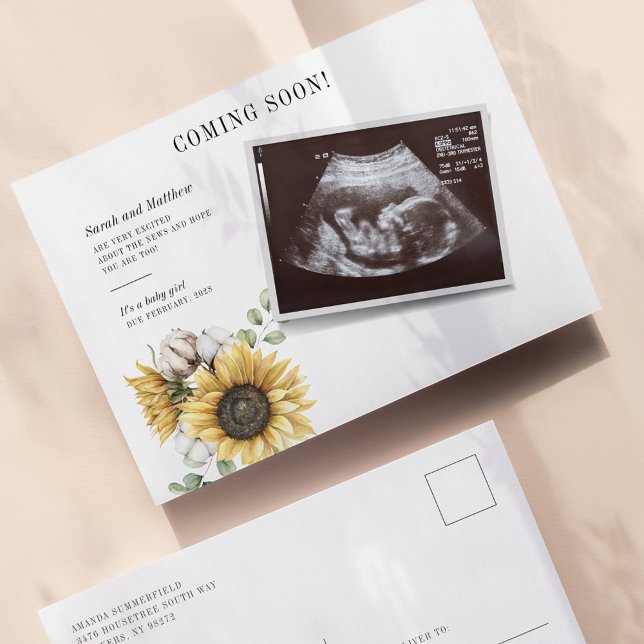Sunflower Floral Eucalyptus Sonogram Pregnancy Announcement Postcard (Sunflower Sonogram Pregnancy Announcement Postcard)