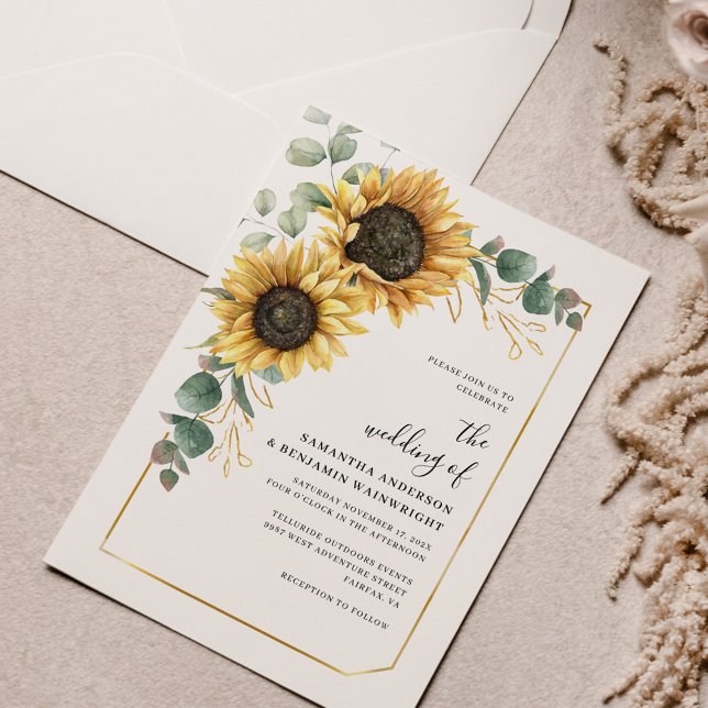 Sunflower Floral Eucalyptus Wedding Invitation (Floral Sunflower Eucalyptus Watercolor Wedding Invitation)