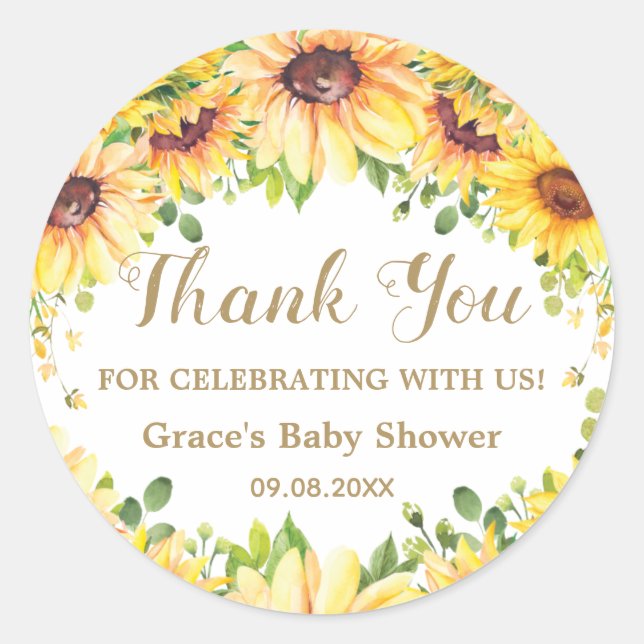 Sunflower Floral Favour Bridal Baby Shower Birthda Classic Round Sticker (Front)