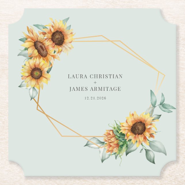 Sunflower Floral Geometric Modern Wedding Paper Coaster (Front)