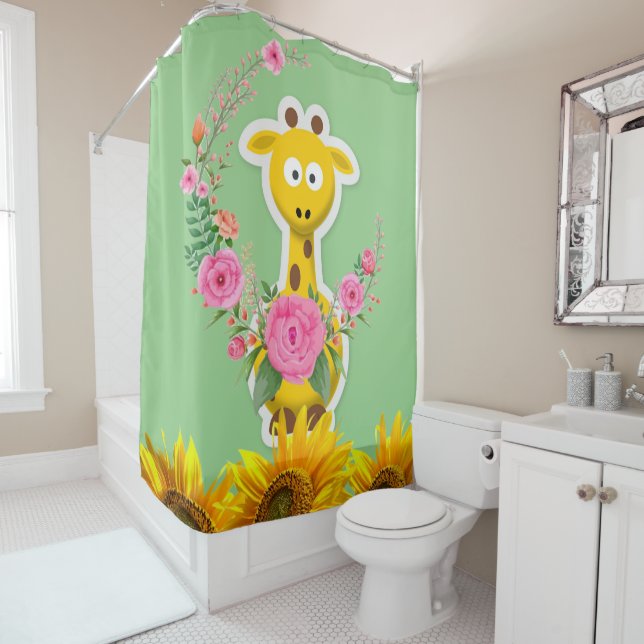 Sunflower Floral Giraffe Shower Curtain (In Situ)